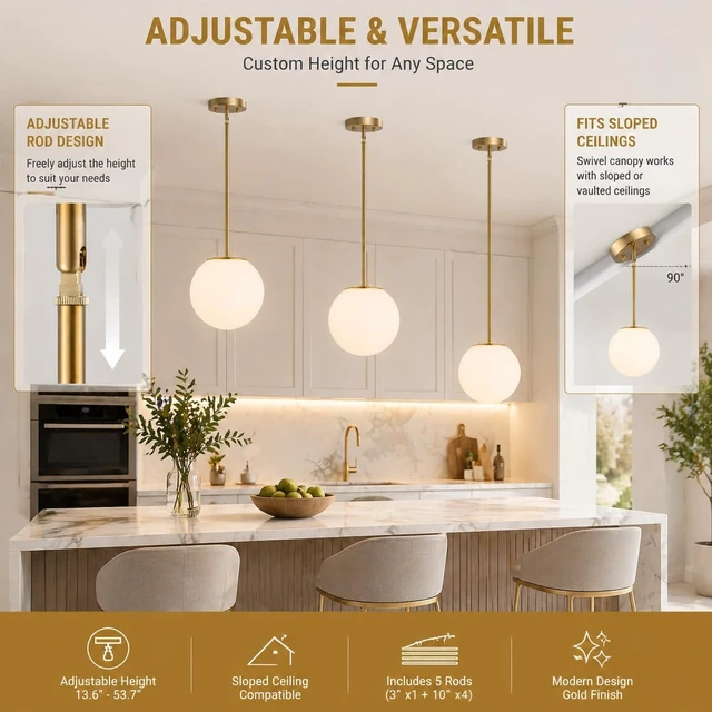Alt view image 5 of 7 - Gold Globe Pendant Light, Opal Glass, Mid Century, Kitchen Island, 3 Pack
