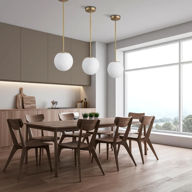 Alt view image 6 of 7 - Gold Globe Pendant Light, Opal Glass, Mid Century, Kitchen Island, 3 Pack