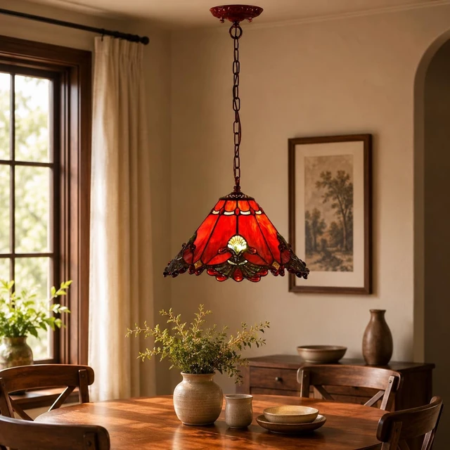 Alt view image 2 of 7 - Bieye L10719 Baroque Tiffany Style Stained Glass Ceiling Pendant Light Fixture for Home Decor (Red, 13-inches Wide)