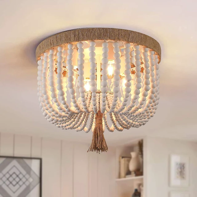 Main image of Bohemia Wood Beaded Flush Mount Ceiling Light Rustic Mini Chandelier