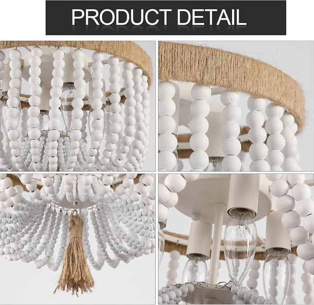 Alt view image 2 of 7 - Bohemia Wood Beaded Flush Mount Ceiling Light Rustic Mini Chandelier