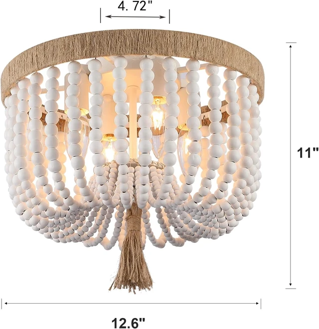 Alt view image 3 of 7 - Bohemia Wood Beaded Flush Mount Ceiling Light Rustic Mini Chandelier