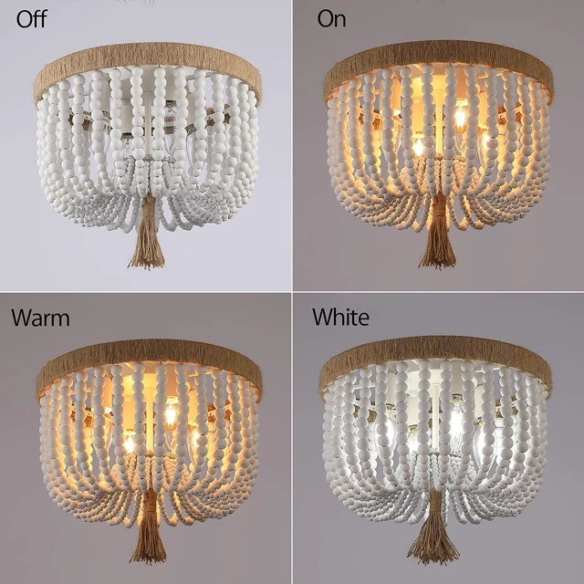 Alt view image 4 of 7 - Bohemia Wood Beaded Flush Mount Ceiling Light Rustic Mini Chandelier