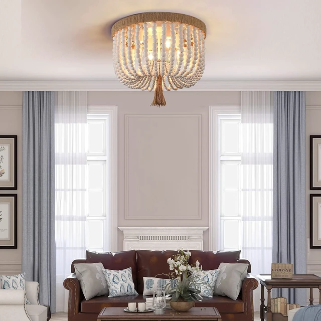 Alt view image 6 of 7 - Bohemia Wood Beaded Flush Mount Ceiling Light Rustic Mini Chandelier