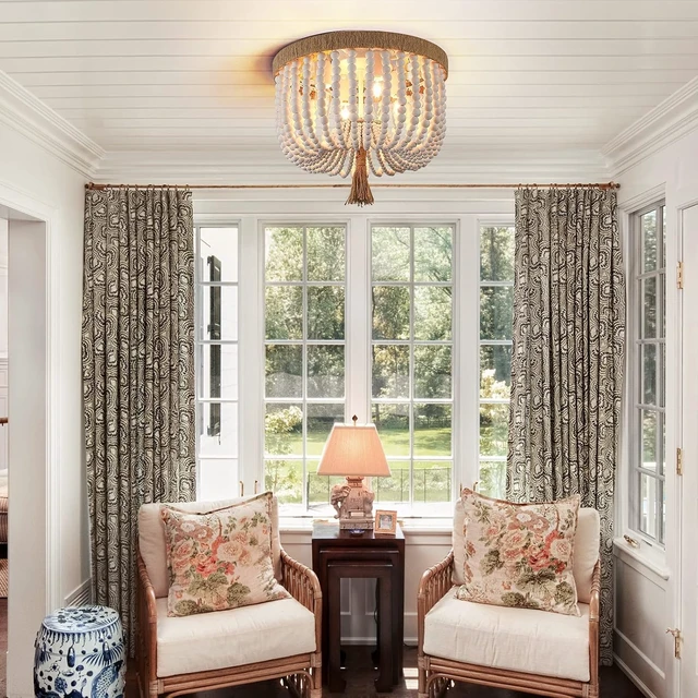 Alt view image 5 of 7 - Bohemia Wood Beaded Flush Mount Ceiling Light Rustic Mini Chandelier