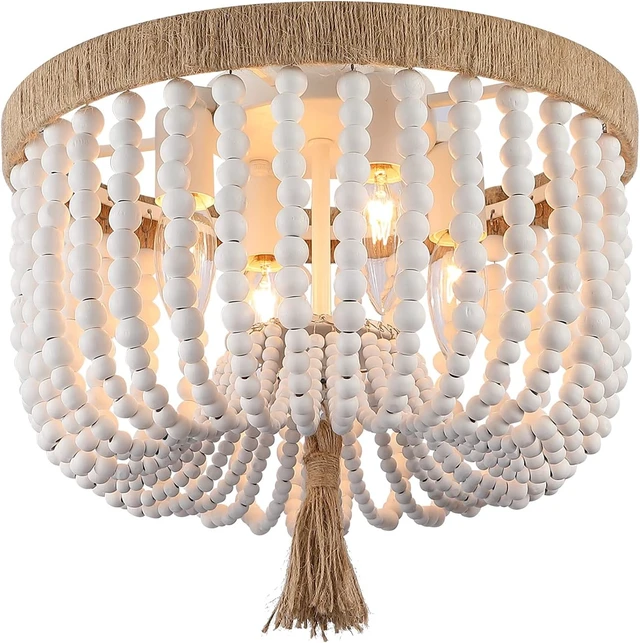 Alt view image 7 of 7 - Bohemia Wood Beaded Flush Mount Ceiling Light Rustic Mini Chandelier
