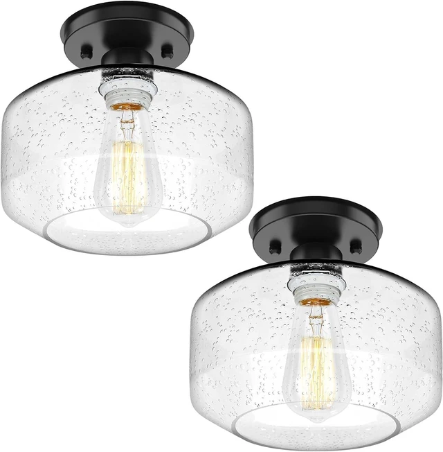 Main image of TOBUSA 2-Pack Industrial Semi Flush Mount Ceiling Light, Black Light Fixture Ceiling Mount with Seeded Glass Shade, Farmhouse Hallway Light Fixtures Ceiling for Living Room, Bedroom, No E26 Bulbs