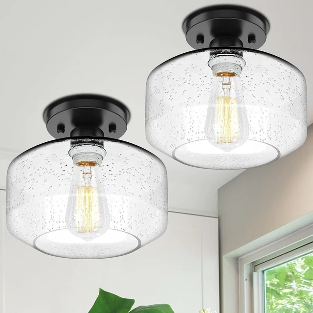 Alt view image 2 of 7 - TOBUSA 2-Pack Industrial Semi Flush Mount Ceiling Light, Black Light Fixture Ceiling Mount with Seeded Glass Shade, Farmhouse Hallway Light Fixtures Ceiling for Living Room, Bedroom, No E26 Bulbs