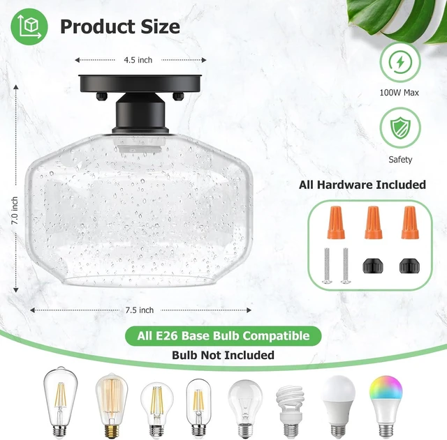 Alt view image 4 of 7 - TOBUSA 2-Pack Industrial Semi Flush Mount Ceiling Light, Black Light Fixture Ceiling Mount with Seeded Glass Shade, Farmhouse Hallway Light Fixtures Ceiling for Living Room, Bedroom, No E26 Bulbs