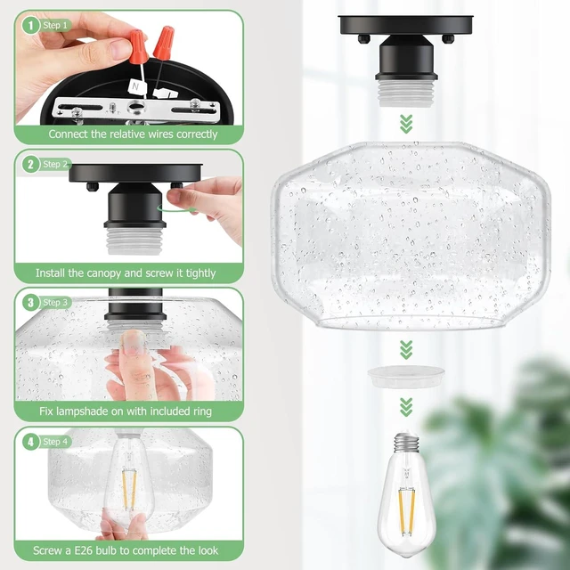 Alt view image 6 of 7 - TOBUSA 2-Pack Industrial Semi Flush Mount Ceiling Light, Black Light Fixture Ceiling Mount with Seeded Glass Shade, Farmhouse Hallway Light Fixtures Ceiling for Living Room, Bedroom, No E26 Bulbs