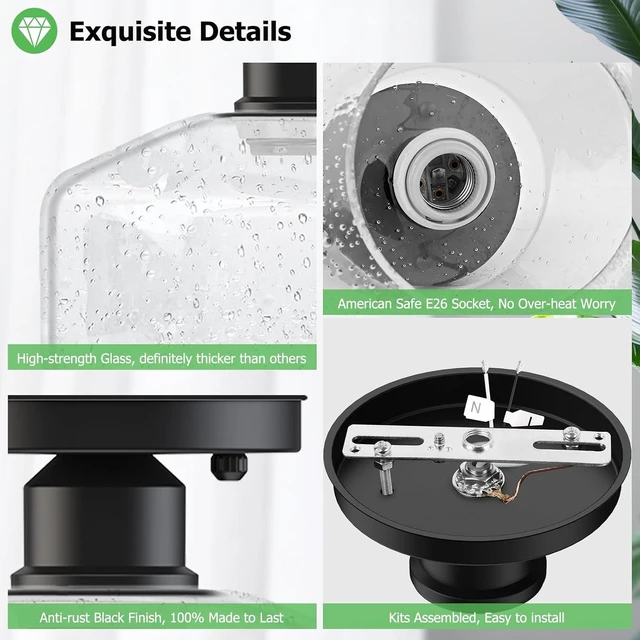 Alt view image 5 of 7 - TOBUSA 2-Pack Industrial Semi Flush Mount Ceiling Light, Black Light Fixture Ceiling Mount with Seeded Glass Shade, Farmhouse Hallway Light Fixtures Ceiling for Living Room, Bedroom, No E26 Bulbs