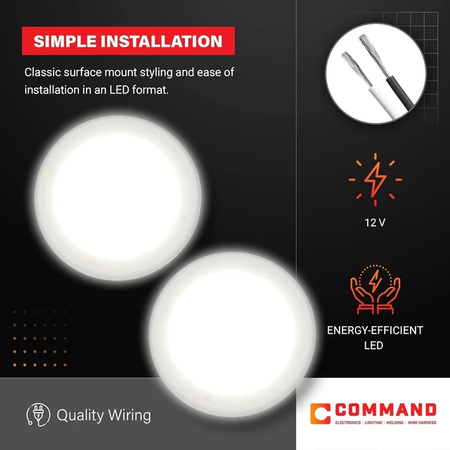 Alt view image 2 of 7 - Command Electronics OEM 12V LED RV Low Profile Surface Mount Ceiling Light - Made in USA - Durable Design - Hardware & Connectors Included - 4.5 Inch Diameter for Compact Spaces | White (2 Pack)