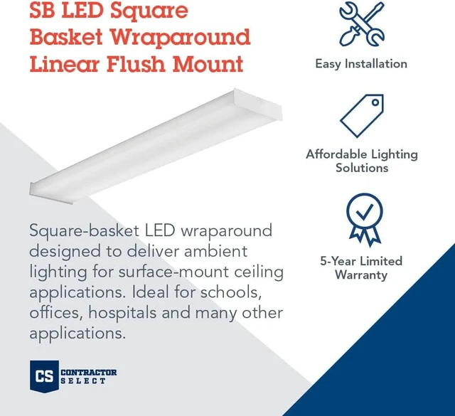 Alt view image 2 of 6 - Lithonia Lighting 4 Foot LED Wraparound Ceiling Light, Low-Profile Square-Basket Ceiling Light Fixture, Dimmable, 4000K Cool White, MVOLT 120-277V, Damp Listed for Garage Lighting and Closets