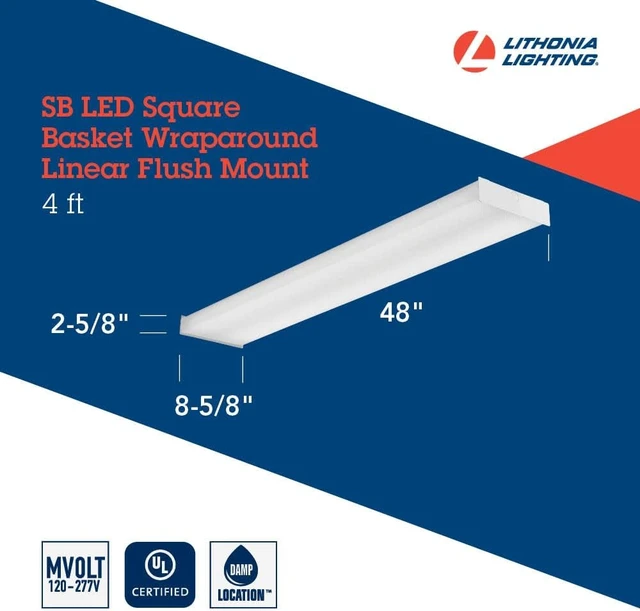 Alt view image 5 of 6 - Lithonia Lighting 4 Foot LED Wraparound Ceiling Light, Low-Profile Square-Basket Ceiling Light Fixture, Dimmable, 4000K Cool White, MVOLT 120-277V, Damp Listed for Garage Lighting and Closets