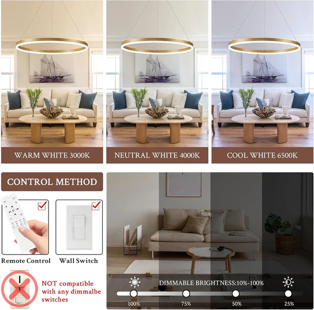 Alt view image 2 of 7 - Modern LED Pendant Lighting Ring Chandelier Gold Dimmable LED Chandelier for Dining Room 36W Adjustable Pendant Light Fixture for Living Room Bedroom Home Office Foyer, 3000-6500K D24in
