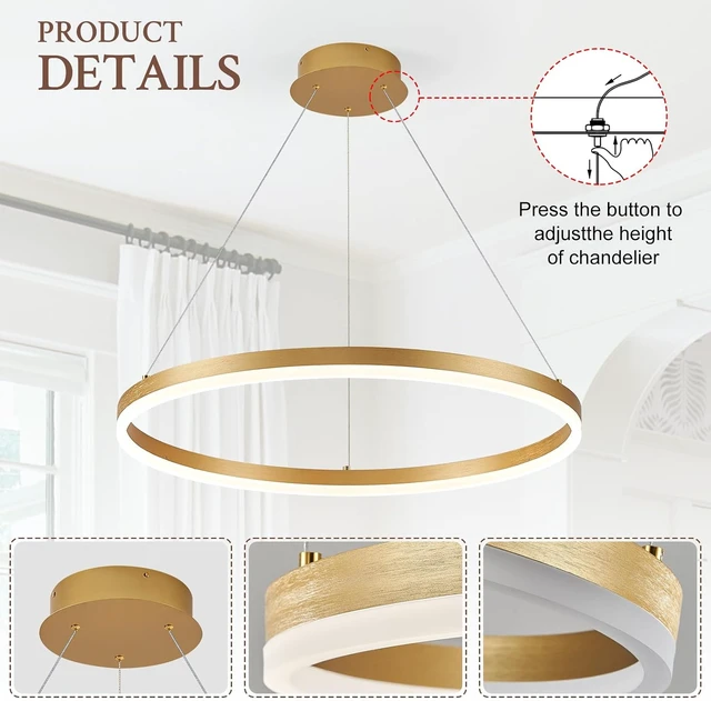 Alt view image 3 of 7 - Modern LED Pendant Lighting Ring Chandelier Gold Dimmable LED Chandelier for Dining Room 36W Adjustable Pendant Light Fixture for Living Room Bedroom Home Office Foyer, 3000-6500K D24in