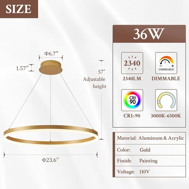 Alt view image 6 of 7 - Modern LED Pendant Lighting Ring Chandelier Gold Dimmable LED Chandelier for Dining Room 36W Adjustable Pendant Light Fixture for Living Room Bedroom Home Office Foyer, 3000-6500K D24in