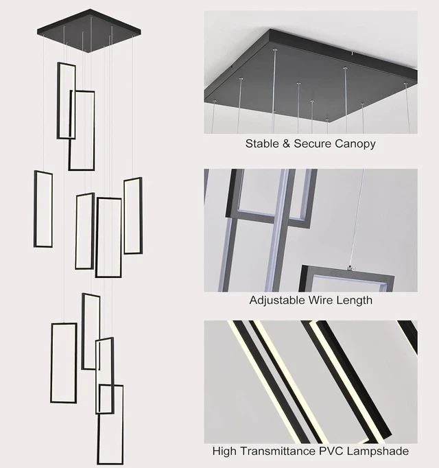 Alt view image 6 of 7 - GEADI 10-Light Modern LED Foyer Chandelier, Black Pendant for High Ceilings