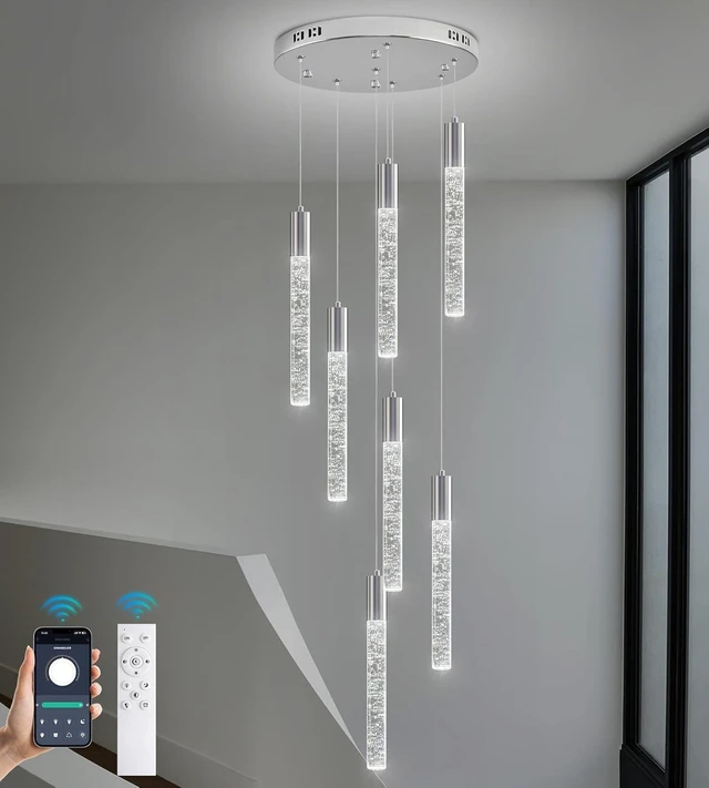 Main image of Modern High Ceiling Crystal Chandelier 7-Lights, Chrome Spiral Dimmable LED Raindrop Foyer Pendant Lighting, Bubble Staircase Living Room Hanging Light Fixture Remote Control