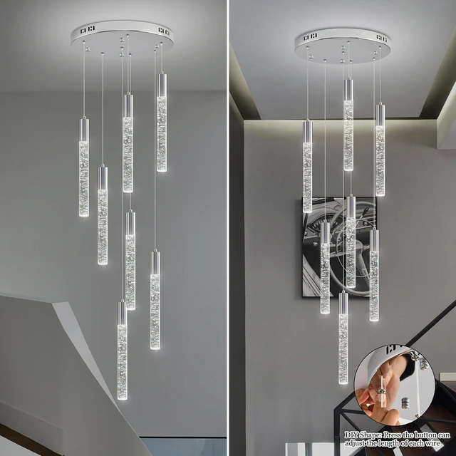 Alt view image 4 of 7 - Modern High Ceiling Crystal Chandelier 7-Lights, Chrome Spiral Dimmable LED Raindrop Foyer Pendant Lighting, Bubble Staircase Living Room Hanging Light Fixture Remote Control