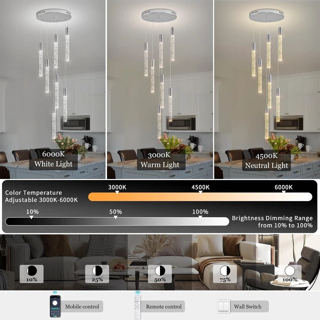 Alt view image 3 of 7 - Modern High Ceiling Crystal Chandelier 7-Lights, Chrome Spiral Dimmable LED Raindrop Foyer Pendant Lighting, Bubble Staircase Living Room Hanging Light Fixture Remote Control