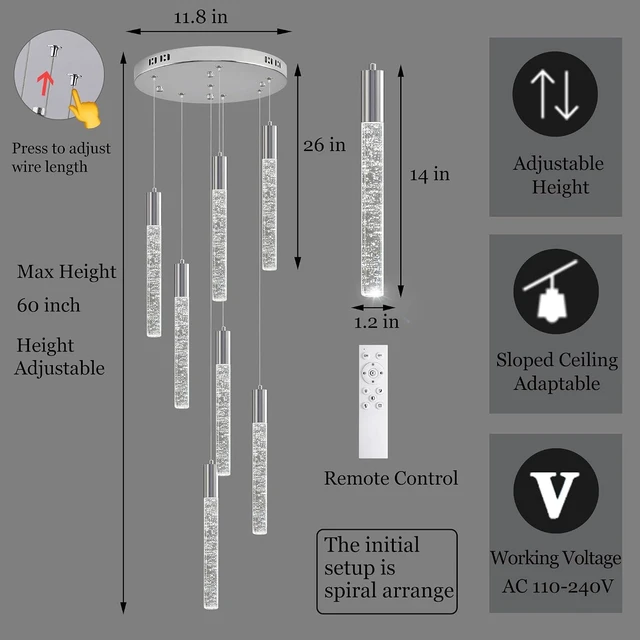 Alt view image 2 of 7 - Modern High Ceiling Crystal Chandelier 7-Lights, Chrome Spiral Dimmable LED Raindrop Foyer Pendant Lighting, Bubble Staircase Living Room Hanging Light Fixture Remote Control