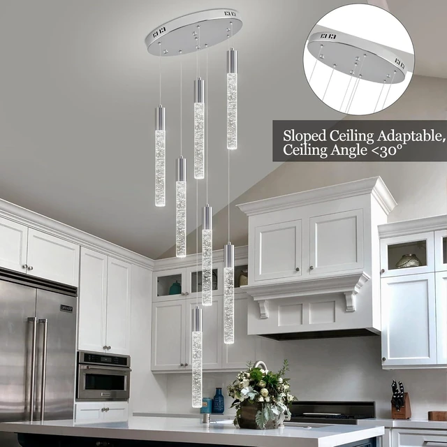 Alt view image 5 of 7 - Modern High Ceiling Crystal Chandelier 7-Lights, Chrome Spiral Dimmable LED Raindrop Foyer Pendant Lighting, Bubble Staircase Living Room Hanging Light Fixture Remote Control