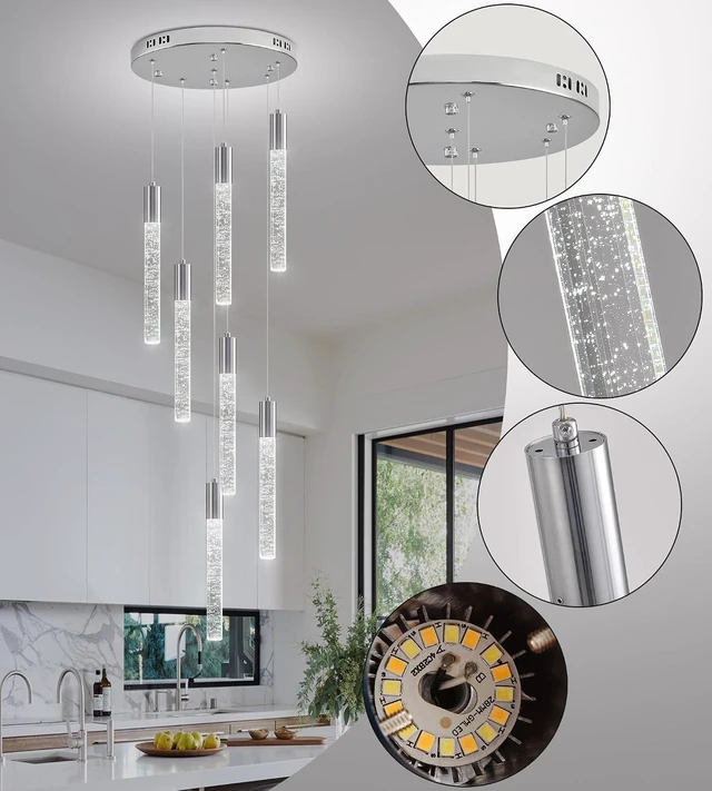 Alt view image 6 of 7 - Modern High Ceiling Crystal Chandelier 7-Lights, Chrome Spiral Dimmable LED Raindrop Foyer Pendant Lighting, Bubble Staircase Living Room Hanging Light Fixture Remote Control