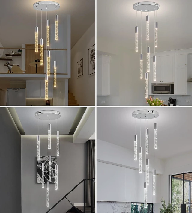 Alt view image 7 of 7 - Modern High Ceiling Crystal Chandelier 7-Lights, Chrome Spiral Dimmable LED Raindrop Foyer Pendant Lighting, Bubble Staircase Living Room Hanging Light Fixture Remote Control