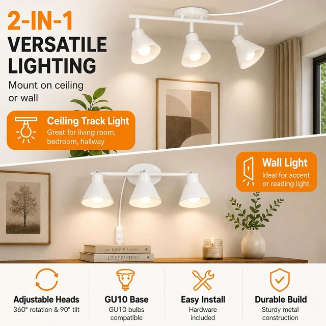 Alt view image 2 of 7 - 3 Light Plug in Track Lighting Kit,Modern Plug in Ceiling Light Fixture,16.4ft Cord,Timer & Dimming Switch,3 Way Ceiling Spot Lighting,Flexibly Rotatable Light Head (White)