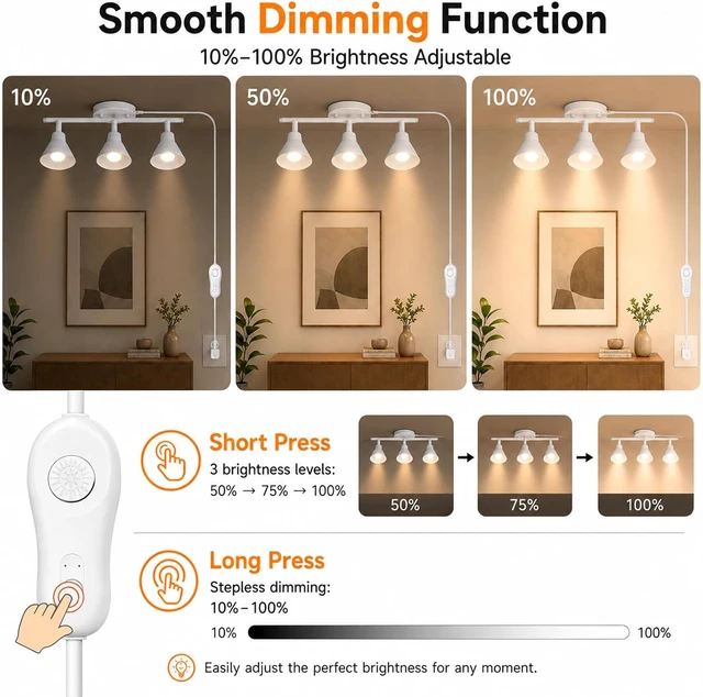 Alt view image 3 of 7 - 3 Light Plug in Track Lighting Kit,Modern Plug in Ceiling Light Fixture,16.4ft Cord,Timer & Dimming Switch,3 Way Ceiling Spot Lighting,Flexibly Rotatable Light Head (White)