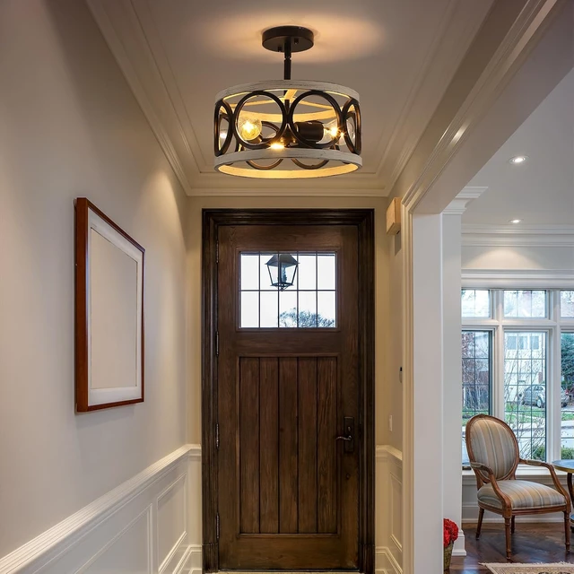 Alt view image 2 of 7 - Farmhouse Semi Flush Mount Ceiling Light,3-Light Industry Oak White Sloped Ceiling Light Fixtures D13 Inches Rustic Metal Light Fixture for Entryway Foyer Hallway Kitchen Dining Room