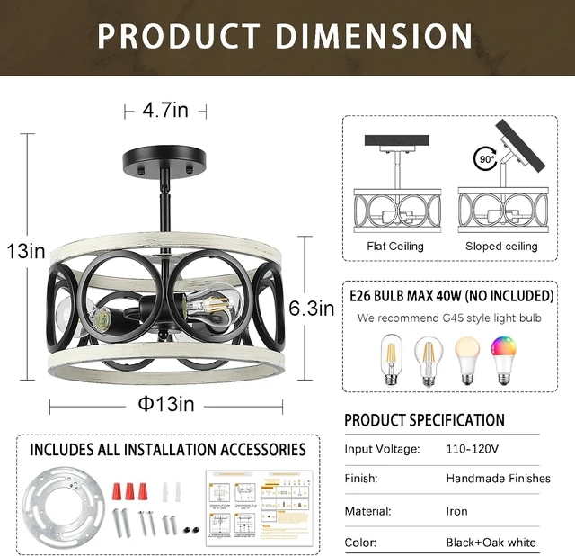 Alt view image 5 of 7 - Farmhouse Semi Flush Mount Ceiling Light,3-Light Industry Oak White Sloped Ceiling Light Fixtures D13 Inches Rustic Metal Light Fixture for Entryway Foyer Hallway Kitchen Dining Room