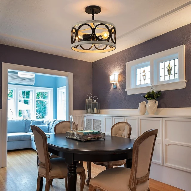 Alt view image 7 of 7 - Farmhouse Semi Flush Mount Ceiling Light,3-Light Industry Oak White Sloped Ceiling Light Fixtures D13 Inches Rustic Metal Light Fixture for Entryway Foyer Hallway Kitchen Dining Room