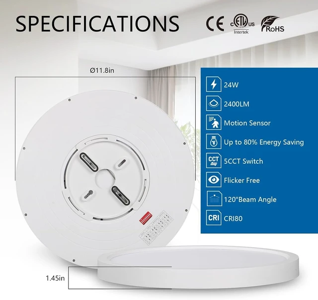 Alt view image 3 of 7 - 12in Motion Sensor LED Ceiling Light Wired, 2700K/3000K/3500K/4000K/5000K Dimmable 24W Round Flush Mount Lighting Fixture for Closet Stairwell Hallway Laundry Porch, ETL Listed, White