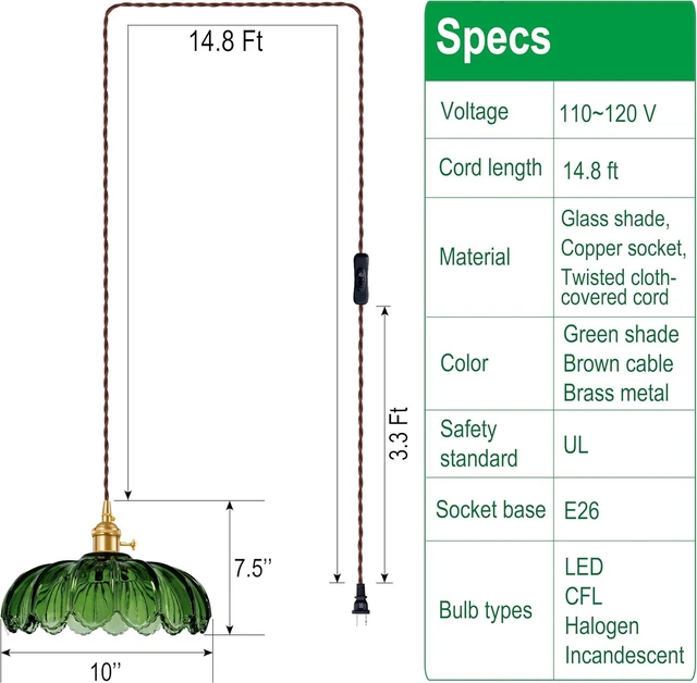 Alt view image 2 of 7 - Plug-in Pendant Light Fixture, Hanging Light Fixture, Glass Pendant Light, Swag Lamp with Inline On/Off Switch for Kitchen Island, Bedroom, Dining Room, Living Room (Green, 15 Ft Cord)