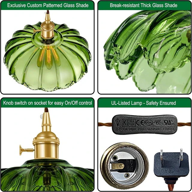 Alt view image 3 of 7 - Plug-in Pendant Light Fixture, Hanging Light Fixture, Glass Pendant Light, Swag Lamp with Inline On/Off Switch for Kitchen Island, Bedroom, Dining Room, Living Room (Green, 15 Ft Cord)