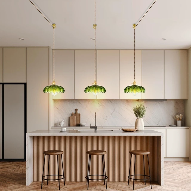 Alt view image 5 of 7 - Plug-in Pendant Light Fixture, Hanging Light Fixture, Glass Pendant Light, Swag Lamp with Inline On/Off Switch for Kitchen Island, Bedroom, Dining Room, Living Room (Green, 15 Ft Cord)