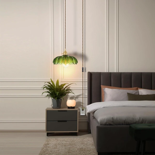 Alt view image 7 of 7 - Plug-in Pendant Light Fixture, Hanging Light Fixture, Glass Pendant Light, Swag Lamp with Inline On/Off Switch for Kitchen Island, Bedroom, Dining Room, Living Room (Green, 15 Ft Cord)