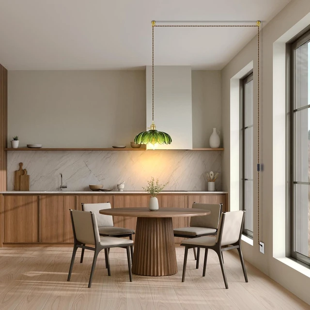 Alt view image 6 of 7 - Plug-in Pendant Light Fixture, Hanging Light Fixture, Glass Pendant Light, Swag Lamp with Inline On/Off Switch for Kitchen Island, Bedroom, Dining Room, Living Room (Green, 15 Ft Cord)