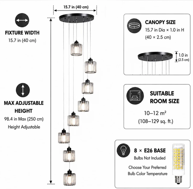 Alt view image 3 of 7 - GEADI Foyer Chandelier, 8-Light Staircase Chandelier for High Ceilings