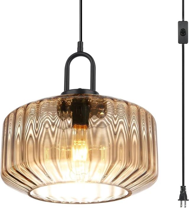 Main image of Amber Plug in Pendant Light, Hanging Lamps for Living Room Plug in Glass Globe Pendant Light, Modern Plug in Cord Pendant Hanging Light with 14.7 ft Cord On/Off Switch Striped Glass Shade