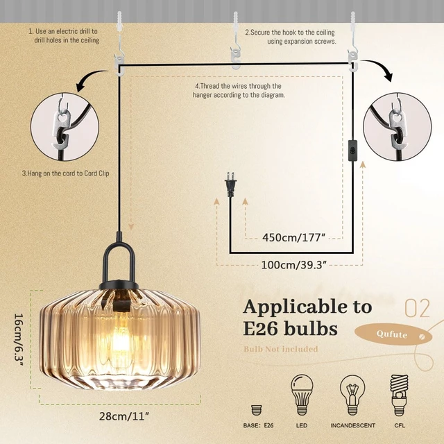 Alt view image 2 of 7 - Amber Plug in Pendant Light, Hanging Lamps for Living Room Plug in Glass Globe Pendant Light, Modern Plug in Cord Pendant Hanging Light with 14.7 ft Cord On/Off Switch Striped Glass Shade