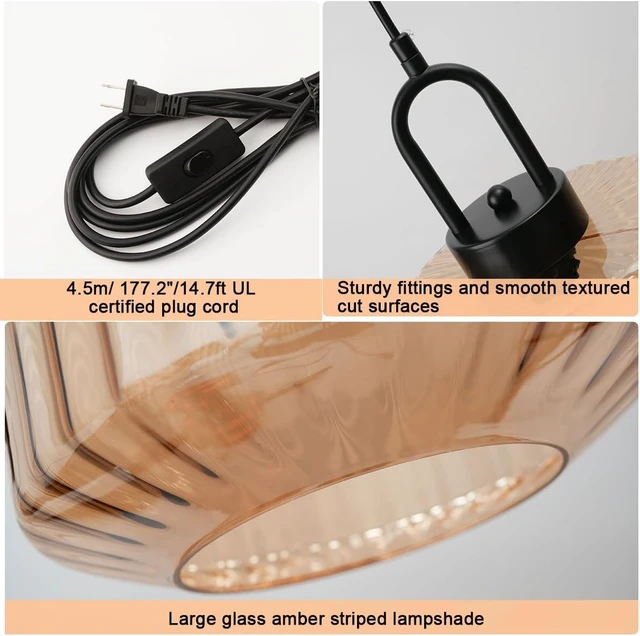 Alt view image 3 of 7 - Amber Plug in Pendant Light, Hanging Lamps for Living Room Plug in Glass Globe Pendant Light, Modern Plug in Cord Pendant Hanging Light with 14.7 ft Cord On/Off Switch Striped Glass Shade