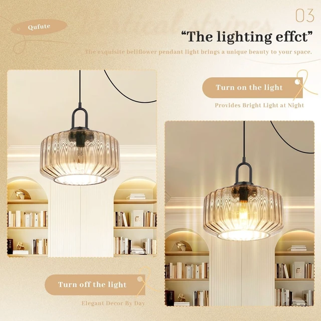 Alt view image 4 of 7 - Amber Plug in Pendant Light, Hanging Lamps for Living Room Plug in Glass Globe Pendant Light, Modern Plug in Cord Pendant Hanging Light with 14.7 ft Cord On/Off Switch Striped Glass Shade