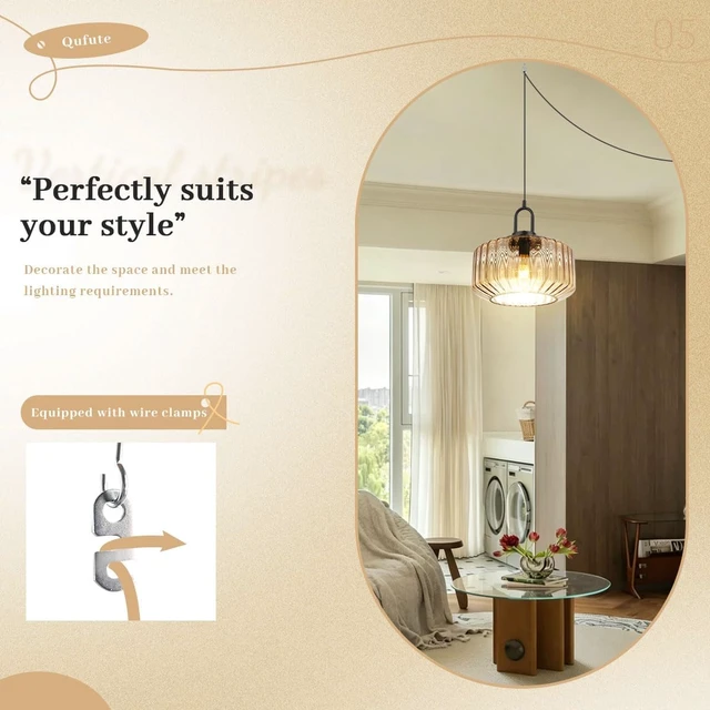 Alt view image 7 of 7 - Amber Plug in Pendant Light, Hanging Lamps for Living Room Plug in Glass Globe Pendant Light, Modern Plug in Cord Pendant Hanging Light with 14.7 ft Cord On/Off Switch Striped Glass Shade
