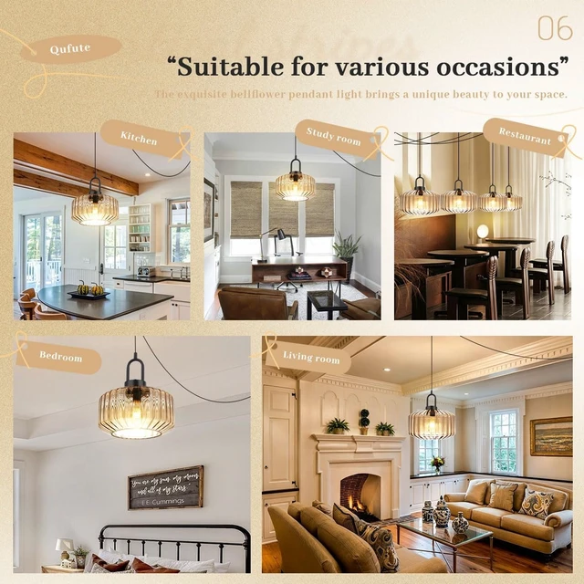 Alt view image 6 of 7 - Amber Plug in Pendant Light, Hanging Lamps for Living Room Plug in Glass Globe Pendant Light, Modern Plug in Cord Pendant Hanging Light with 14.7 ft Cord On/Off Switch Striped Glass Shade
