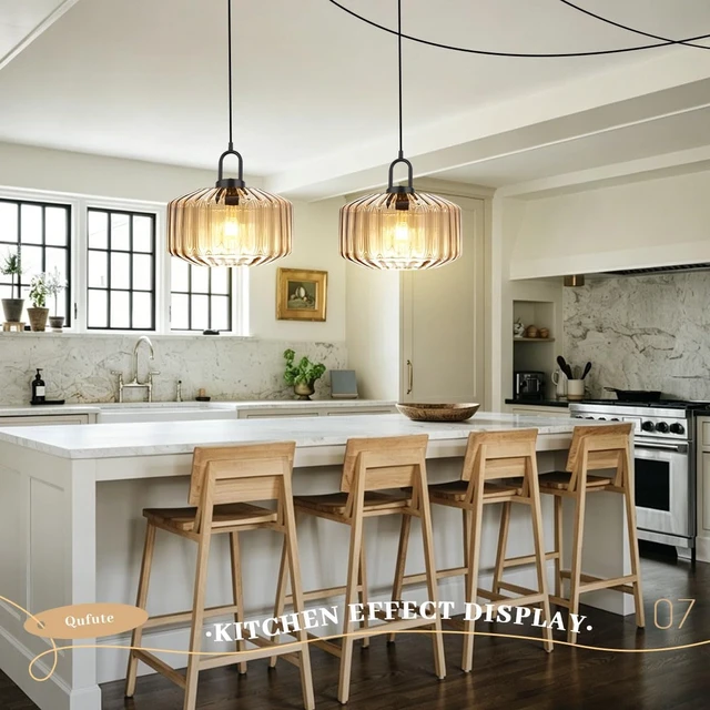 Alt view image 5 of 7 - Amber Plug in Pendant Light, Hanging Lamps for Living Room Plug in Glass Globe Pendant Light, Modern Plug in Cord Pendant Hanging Light with 14.7 ft Cord On/Off Switch Striped Glass Shade