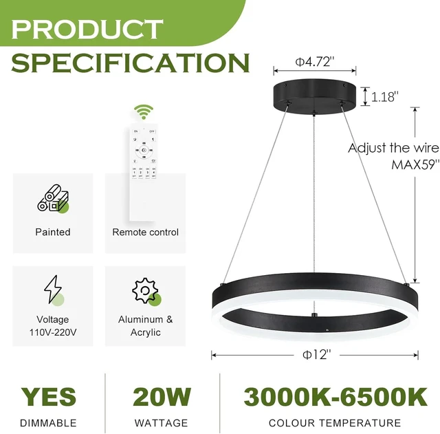 Alt view image 3 of 7 - Benkut 1 Ring LED Chandelier Modern Black Pendant Light for Dining Room