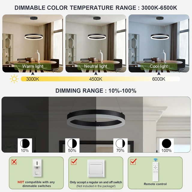 Alt view image 7 of 7 - Benkut 1 Ring LED Chandelier Modern Black Pendant Light for Dining Room